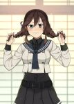  1girl annin_musou belt belt_buckle black_belt black_sailor_collar black_shirt black_skirt blush braid brown_hair buckle buttons closed_mouth collared_shirt green_eyes hair_between_eyes highres kantai_collection long_hair long_sleeves noshiro_(kancolle) pleated_skirt remodel_(kantai_collection) sailor_collar shirt skirt smile solo twin_braids upper_body 