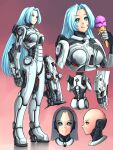  1girl arms_at_sides bald bald_girl blue_eyes blue_hair breasts cyberpunk cyborg doom_(2016) doom_(series) english_commentary eyebrows_visible_through_hair gun highres ice_cream_cone joints licking_lips long_hair looking_at_viewer medium_breasts personification rifle robot_joints science_fiction solo standing substance20 tongue tongue_out very_long_hair weapon 