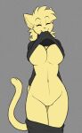  allie_goldwheat anthro breasts clothed clothing clothing_lift domestic_cat eyes_closed featureless_crotch felid feline felis female fur grey_background hexteknik hi_res mammal mouth_hold navel pants_down partially_clothed shirt shirt_lift simple_background solo topwear yellow_body yellow_fur 