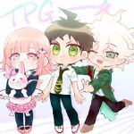  1girl 2boys :d ahoge badge bangs black_jacket black_pants blush bow breast_pocket brown_footwear brown_hair chibi coat danganronpa_(series) danganronpa_2:_goodbye_despair doku_(tanyating0903) ear_bow flipped_hair frown green_coat green_eyes hair_ornament hairclip hinata_hajime holding hooded_coat hug jacket komaeda_nagito layered_skirt light_brown_hair medium_hair messy_hair multiple_boys nanami_chiaki necktie one_eye_closed open_clothes open_coat open_mouth pants pink_bow pink_eyes pink_hair pleated_skirt pocket short_hair short_sleeves skirt smile spaceship_hair_ornament upper_teeth usami_(danganronpa) 