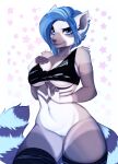  absurd_res anthro areola bambolbi black_clothing black_crop_top black_thigh_socks black_topwear blue_areola blue_eyes blue_hair blue_pussy border bottomless breasts clothed clothing crop_top digital_media_(artwork) eyelashes female genitals hair hand_on_breast hi_res lemur mammal navel pattern_background portrait primate pussy ring-tailed_lemur shaded shirt simple_background solo standing star-shaped_background strepsirrhine taylor_(obessivedoodle) three-quarter_portrait topwear torn_clothing torn_crop_top torn_thigh_highs torn_topwear white_border 