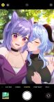  2girls bare_shoulders blue_hair breasts casual cheek_kiss choker cleavage closed_eyes collarbone couple day double_bun earrings ganyu_(genshin_impact) genshin_impact hair_bun hand_on_another&#039;s_shoulder hand_on_own_chest highres horns jewelry keqing_(genshin_impact) kiss looking_at_viewer medium_breasts multiple_girls off_shoulder open_mouth parted_lips phone_screen purple_eyes selfie shirt sleeveless sleeveless_shirt smile surprised tana_(tanabio) tank_top tree turtleneck twintails upper_body white_tank_top yuri 