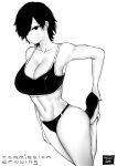  1girl abs bare_shoulders breasts cleavage closed_mouth commission from_above greyscale hair_over_one_eye highres large_breasts monochrome navel norman_maggot original short_hair sports_bra stretch thighs track_uniform white_footwear 