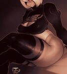  1girl ass bed_sheet black_blindfold blindfold blush breasts cleavage cleavage_cutout clothing_cutout coffeeslice covered_nipples crossed_legs highres monochrome nier_(series) nier_automata parted_lips puffy_sleeves see-through short_hair signature sitting solo sweat thighhighs turtleneck white_hair yorha_no._2_type_b 