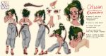  1girl artist_name bite_mark bluethebone braid brown_eyes character_sheet chiwan_the_chupacabra chupacabra commentary denim earrings english_commentary english_text fangs full_body green_hair highres hoop_earrings jeans jewelry monster_girl multiple_views original pants ponytail sandals simple_background strapless tail tubetop white_background white_tubetop 