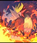  commentary_request entei fire from_below gen_2_pokemon legendary_pokemon looking_down night no_humans outdoors paws pokemon pokemon_(creature) red_eyes sky solo standing toes yottur 