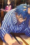 1boy 1girl bangs bare_shoulders black_hair blue_eyes blue_hair blue_shirt breasts chest_tattoo cis05 double_bun dress_swimsuit facial_mark fate/grand_order fate_(series) forehead_mark glasses hans_christian_andersen_(adult)_(fate) hans_christian_andersen_(fate) long_hair long_sleeves multicolored_hair older paper parted_bangs pen pink_hair pink_swimsuit sesshouin_kiara sesshouin_kiara_(lily) shirt short_hair small_breasts smile streaked_hair striped striped_shirt swimsuit tattoo very_long_hair wavy_hair yellow_eyes 
