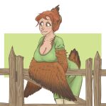  1girl animal_ears bangs bird_ears bird_tail breasts brown_eyes brown_feathers brown_hair brown_wings cleavage commentary crossed_arms dress english_commentary feathered_wings feathers fence folded_ponytail green_background green_dress hair_up harpy large_breasts leaning_forward leaning_on_rail mature_female monster_girl mother_hen_(slightlysimian) original parted_lips slightlysimian smile solo tail_feathers two-tone_background white_background winged_arms wings 