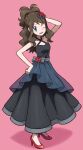  1girl absurdres alternate_costume antenna_hair bangs bare_arms black_dress blue_eyes brown_hair collarbone commentary_request dress eyelashes flower full_body hair_flower hair_ornament hand_on_head hand_on_hip high_heels highres hilda_(pokemon) ice_ground long_hair looking_at_viewer official_style one_eye_closed pokemon pokemon_(game) pokemon_bw pose red_flower red_footwear sleeveless sleeveless_dress smile solo standing 