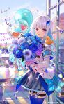  1girl armband bangs blue_hair blunt_bangs bouquet building colored_inner_hair day eyebrows_visible_through_hair flower fuzichoco hair_ornament highres lize_helesta long_hair looking_at_viewer multicolored_hair nijisanji official_art open_mouth purple_eyes silver_hair solo thighhighs two-tone_hair virtual_youtuber 