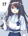  !? 1girl annoyed bangs black_hair blue_shirt blue_skirt clenched_hand gloves highres long_hair looking_at_viewer open_mouth pocchari shimanami_kakino shirt shirt_tucked_in silver_hairband skirt solo sweatdrop tank_top virtual_kouhou_taishi_project virtual_youtuber white_gloves white_tank_top 