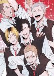  5boys angry arm_up black_hair black_sweater blank_eyes blonde_hair brown_hair closed_eyes collared_shirt grey_hair grin haiba_lev haikyuu!! happy kozume_kenma kuroo_tetsurou looking_at_another male_focus multicolored_hair multiple_boys school_uniform shirt short_hair sleeves_rolled_up smile starry_background striped striped_neckwear sweatdrop sweater teeth tongue two-tone_hair ummm_mmma vest wavy_mouth white_shirt yaku_morisuke yamamoto_taketora 