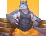  2021 abs anthro biceps bottomwear canid canine canis cigarette cilok clothed clothing digital_media_(artwork) facial_hair fur hi_res male mammal muscular muscular_anthro muscular_male nipples pecs shirt shorts smoking solo tank_top topwear wolf 