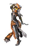  absurd_res anthro arknights black_body butt clothing discorded-joker felid female fur hair hi_res holding_object holding_weapon hypergryph knife looking_at_viewer mammal multicolored_body multicolored_fur multicolored_hair on_one_leg orange_body orange_eyes orange_fur orange_hair pantherine simple_background solo standing studio_montagne tiger video_games waaifu_(arknights) weapon white_background white_body white_fur white_hair 