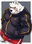  2021 anthro belly big_belly black_nose bulge clothing eyewear fur gunso_p hi_res kemono male mammal odd_taxi polar_bear sekiguchi_(odd_taxi) slightly_chubby solo sunglasses underwear ursid ursine white_body white_fur 