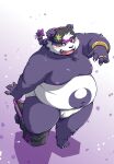  2021 absurd_res alp_(tas) anthro belly big_belly blush bottomwear clothing fur giant_panda hat headgear headwear hi_res humanoid_hands kemono male mammal moobs nipples overweight overweight_anthro overweight_male purple_body purple_eyes purple_fur shorts solo takagi_kyou tokyo_afterschool_summoners underwear undressing ursid video_games white_body white_fur 