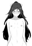  1girl absurdres blush flat_chest greyscale groin hair_ribbon highres kantai_collection katsuragi_(kancolle) long_hair monochrome navel nipples nude ponytail ribbon skinny solo sweatdrop takaman_(gaffe) upper_body 