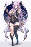  1girl absurdres asymmetrical_footwear bangs belt blue_eyes blush boots braid closed_mouth coat commentary_request draph elbow_gloves fingerless_gloves full_body gloves granblue_fantasy hair_ornament hair_over_one_eye high_heels highres horns katana knee_boots long_hair looking_at_viewer multiple_belts narmaya_(granblue_fantasy) oh_(aung_ae) pink_hair pointy_ears shadow shiny shiny_skin simple_background sleeveless standing sword thigh_boots thigh_strap thighhighs thighs tied_hair weapon 