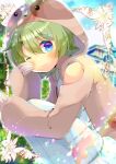  1girl bangs bare_shoulders bloomers blue_eyes blurry blurry_background blush brown_jacket character_request closed_mouth clothing_cutout collared_shirt depth_of_field eyebrows_visible_through_hair green_hair hair_between_eyes hair_ornament hood hood_up hooded_jacket indie_virtual_youtuber jacket knees_up kouu_hiyoyo leaf_hair_ornament looking_at_viewer one_eye_closed ribbon-trimmed_legwear ribbon_trim shirt short_hair shoulder_cutout sleepy solo thick_eyebrows thighhighs underwear wavy_mouth white_bloomers white_legwear white_shirt 
