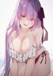  1girl absurdres bangs bare_shoulders bb_(fate) bb_(fate)_(all) bikini black_bikini blush breasts cleavage collarbone fate/extra fate/extra_ccc fate_(series) floral_print hair_ribbon highres large_breasts long_hair looking_at_viewer marei_(mercy) mismatched_bikini open_mouth purple_eyes purple_hair red_ribbon ribbon smile swimsuit very_long_hair white_bikini 