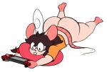  anthro barefoot big_butt big_ears bottomless buckteeth butt clothed clothing digitalpelican eyewear feet female freckles freckles_on_butt game_console gaming glasses hair lying mammal messy_hair mouse murid murine mustelid on_front pillow rat rodent shirt solo t-shirt teeth thick_thighs tina_(digitalpelican) topwear 