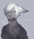  1boy animal_ears blood blood_on_face cat_ears colored_sclera colored_skin ears_down fangs final_fantasy final_fantasy_xiv grey_background grey_sclera grey_skin greyscale injury looking_at_viewer male_focus miqo&#039;te monochrome muscular muscular_male pectorals pigeon666 scar scar_on_chest signature simple_background solo tongue tongue_out too_many_scars upper_body white_eyes white_hair 