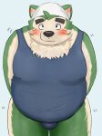  2021 9dtq0 absurd_res anthro belly big_belly black_nose blush bulge canid canine canis clothing domestic_dog dot_eyes fur green_body green_fur hi_res kemono live-a-hero male mammal mokdai overweight overweight_anthro overweight_male school_swimsuit solo swimwear video_games 