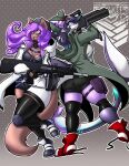  anthro avencri blue_hair brown_body brown_fur canid canine canis clothing domestic_dog duo female fish footwear fur gun hair hi_res holding_object holding_weapon long_hair looking_at_viewer looking_back mammal marine open_mouth open_smile purple_eyes purple_hair ranged_weapon rifle rose_(durandall) shark shoes shotgun simple_background smile weapon wolf 