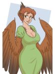  1girl animal_ears arms_up bangs bird_ears blue_background breasts brown_eyes brown_feathers brown_hair brown_wings claws cleavage dress eyebrows_visible_through_hair feathered_wings feathers folded_ponytail green_dress hair_up harpy highres large_breasts mature_female monster_girl mother_hen_(slightlysimian) open_mouth original short_sleeves slightlysimian smile solo two-tone_background white_background wide_sleeves winged_arms wings 
