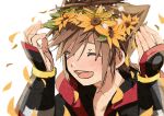  1boy :d blush brown_hair closed_eyes eno_(enokanotan) flower happy head_wreath highres kingdom_hearts kingdom_hearts_iii male_focus open_mouth paper_texture petals simple_background smile solo sora_(kingdom_hearts) spiked_hair sunflower white_background yellow_flower 