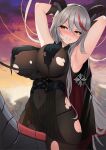  1girl absurdly_long_hair aegir_(azur_lane) armpits arms_behind_head arms_up azur_lane bangs bare_shoulders black_cape black_gloves black_panties blush bodystocking breast_curtains breasts cape clenched_teeth cloud commentary_request corset covered_navel covered_nipples cowboy_shot cross demon_horns dusk eyebrows_visible_through_hair facing_viewer gloves gradient_sky grimace hair_between_eyes highres horns iron_cross large_breasts long_hair looking_to_the_side mechanical_animal mechanical_dragon multicolored_hair nose_blush panties purple_sky red_hair restrained reward_available rope sidelocks silver_hair sitting skindentation sky solo streaked_hair takibi_(tamikyo) teeth torn_bodystocking torn_clothes two-tone_hair underbust underwear very_long_hair yellow_eyes 