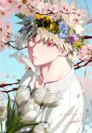  1boy bakugou_katsuki blonde_hair boku_no_hero_academia cherry_blossoms collared_shirt dated flower head_wreath highres looking_at_viewer male_focus open_collar red_eyes serious shirt shoco_(sco_labo) short_hair slit_pupils solo spiked_hair tree_branch tree_shade upper_body white_shirt 