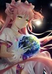  1girl artist_name bangs choker collarbone commentary dress earth_(planet) floating_hair giant giantess gloves hair_ribbon highres kaname_madoka long_hair mahou_shoujo_madoka_magica pink_hair planet ribbon sasoura short_sleeves smile solo space thighhighs two_side_up ultimate_madoka very_long_hair white_choker white_dress white_gloves white_legwear white_ribbon yellow_eyes 