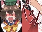  1girl 1other animal_ear_fluff animal_ears bdsm blush bow bowtie brown_hair cat_ears cat_tail chen closed_eyes hammer_(sunset_beach) hat jewelry masochism mob_cap motion_lines multiple_tails nekomata nose_blush onomatopoeia open_mouth short_hair single_earring sound_effects spanking tail touhou two_tails upper_body yellow_neckwear 
