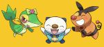  absurdres blush bow bowtie closed_eyes commentary_request fangs flower gen_5_pokemon grin highres ice_ground no_humans official_style open_mouth oshawott pink_flower pokemon pokemon_(creature) smile snivy tepig tongue |d 