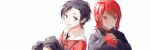  2boys ahoge black_hair blue_eyes capri_pants closed_mouth ethan_(pokemon) eyebrows_visible_through_hair happy high_collar highres jacket looking_at_viewer lxry735547490 male_focus multiple_boys open_mouth pants pokemon pokemon_(game) pokemon_hgss red_eyes red_hair short_hair sidelocks silver_(pokemon) simple_background sitting smile white_background 