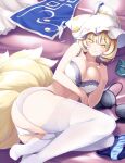  1girl black_bra blonde_hair bra breasts cleavage commission foot_out_of_frame fox_tail garter_belt garter_straps hat kitsune kyuubi large_breasts lingerie looking_at_viewer midorino_eni multiple_tails panties pillow_hat skeb_commission smile solo tabard tail thighhighs touhou underwear underwear_only white_bra yakumo_ran yellow_eyes 