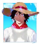  1boy black_hair boku_no_hero_academia border cloud day fang hat kirishima_eijirou looking_at_viewer male_focus outside_border red_eyes red_neckwear ribbon scar scar_on_face shade shirt shoco_(sco_labo) short_eyebrows short_hair sky solo straw_hat sun_hat surprised sweat upper_body white_border white_shirt wide-eyed 