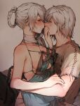  1boy 1girl arms_around_waist bandaged_arm bandages blush breasts cleavage covering_mouth eye_contact funa2001 hand_over_another&#039;s_mouth highres hug kaine_(nier) looking_at_another nier nier_(series) nier_(young) nightgown short_hair silver_hair sweatdrop 