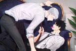  2boys bangs belt black_hair black_neckwear black_pants blush condom condom_in_mouth condom_wrapper couch dress_shirt eye_contact formal grey_hair haiba_lev haikyuu!! highres indoors kuroo_tetsurou lanyard looking_at_another lying male_focus mouth_hold multiple_boys naughty_face necktie necktie_grab neckwear_grab on_couch pants plant profile red_neckwear ri_mumu shiny shiny_hair shirt short_hair sleeves_rolled_up suit watch white_shirt wristwatch yaoi 