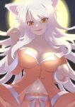  1girl animal_ears bakemonogatari black_hanekawa breasts cat_ears cleavage collarbone eyebrows_visible_through_hair fang groin hanekawa_tsubasa krono_tokage large_breasts long_hair midriff monogatari_(series) navel nekomonogatari pajamas paw_pose print_pajamas solo white_hair yellow_eyes 