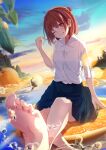  1girl bangs barefoot blush brown_eyes brown_hair day dress_shirt feet food fruit highres looking_at_viewer one_eye_closed orange_(food) original outdoors pleated_skirt shirt short_hair sitting skirt smile soaking_feet soles solo water wayuzz99 wet 