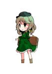  1girl bangs blush boots brown_footwear card chibi dairi dress eyebrows_visible_through_hair green_dress green_eyes green_hair green_sleeves hand_up hat key_necklace long_sleeves open_mouth short_hair simple_background solo standing tachi-e touhou white_background yamashiro_takane 