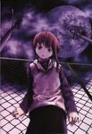  90s abe_yoshitoshi absurdres brown_eyes brown_hair chain-link_fence fence full_moon hair_ornament hairclip highres iwakura_lain moon night official_art purple scan serial_experiments_lain solo transformer 