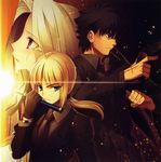  2girls ahoge artoria_pendragon_(all) black_hair blonde_hair cover cover_page emiya_kiritsugu excalibur fate/zero fate_(series) formal glowing glowing_sword glowing_weapon green_eyes gun highres irisviel_von_einzbern long_hair multiple_girls necktie official_art ponytail red_eyes saber scan serious suit sword takeuchi_takashi weapon white_hair 