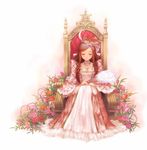  brown_hair cleavage closed_eyes crown curly_hair dress flowers goto-p long_hair necklace princess smile throne 