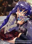  absurdres bag blue_eyes blue_hair blush book bracelet braid calendar_(medium) copyright_request food fruit glasses highres huge_filesize jewelry komatsu_eiji long_hair open_mouth reading school_uniform sitting skirt solo strawberry thighhighs zettai_ryouiki 