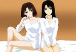  absurdres bangs bare_shoulders barefoot bed bed_sheet black_hair blue_eyes blush bottomless breasts brown_hair buttons chin_rest cleavage clenched_hands dress_shirt embarrassed feet frown gradient gradient_background grey_eyes hands_on_thighs highres indoors kara_no_kyoukai kikuchi_shun'ya kokutou_azaka large_breasts legs looking_at_viewer looking_away multiple_girls no_bra non-web_source off_shoulder official_art orange_background parted_bangs ryougi_shiki seiza shirt sitting thigh_gap vector_trace white_shirt 