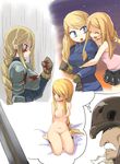  agrias_oaks armor barefoot blonde_hair blood blood_on_face blue_eyes braid breasts final_fantasy final_fantasy_tactics goffard_gaffgarion hug imagining long_hair mamo_williams multiple_girls nude ovelia_atkascha single_braid small_breasts 