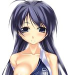  blue_eyes blue_hair blush breasts buresu collarbone competition_swimsuit large_breasts memories_off memories_off_2nd one-piece_swimsuit simple_background smile solo strap_slip suzuna_takano swimsuit swimsuit_pull 